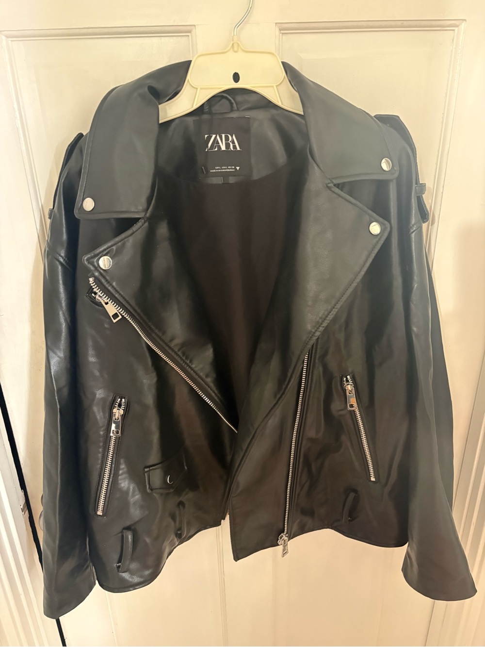 ZARA Black Faux Leather Biker Jacket with Silver Hardware